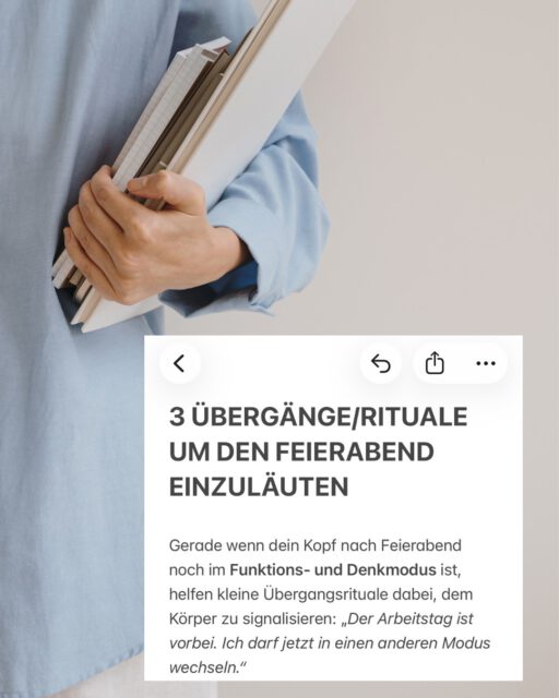 Dir fällt es schwer nach Feierabend abzuschalten? 🫩

Dann swipe dich doch gerne durch drei verschiedene Übergänge/Rituale, die dich genau dabei unterstützen können. 

Picke dir eine Möglichkeiten heraus und probiere es doch gleich morgen aus. 

Du willst mehr? Dann sei gerne bei der Online Meditation Class am 21.10 dabei. Der perfekte Übergang in den Feierabend - eine Stunde nur für dich. Mehr Infos auch bei @spaceforflow 

#afterwork #feierabend #regulate #nervoussystemregulation #psychology