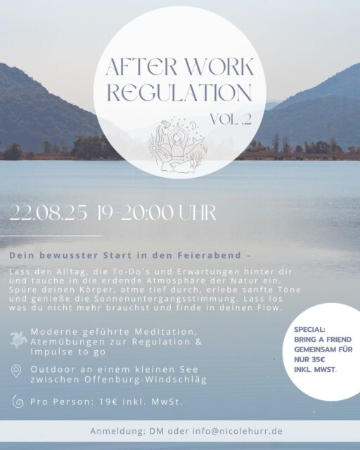 AFTER WORK REGULATION Vol. 2 – Dein bewusster Start in den Feierabend 🌊🐠🐚🧘🏼‍♀️

Fühlst du dich oft wie im Dauerlauf zwischen To-Dos, Erwartungen und Terminen?

Dann schenke dir einen Abend, um anzukommen – in dir selbst und in der Natur. 🌿

Am 22.08.25 lade ich dich ein, den Tag ganz bewusst ausklingen zu lassen:

🧘‍♀️ Moderne geführte Meditation
🌬 Atemübungen zur Regulation
🎶 Sanfte Klänge & Impulse, die dich stärken

Wir treffen uns Outdoor an einem idyllischen kleinen See bei Offenburg-Windschläg und genießen die Sonnenuntergangsstimmung. Lass los, was du nicht mehr brauchst, atme tief durch – und finde zurück in deinen Flow. 🌀

🤍 Special für dich und deine Herzensmenschen:
Bring a friend – gemeinsam für nur 35 € inkl. MwSt.

📍 Wann: 22.08.25, 19–20 Uhr
🌿 Kosten: 19 € inkl. MwSt. pro Person
✉️ Anmeldung: per DM oder an info@nicolehurr.de

Ich freue mich auf diesen besonderen Abend mit euch! 🌿

In Liebe Nicole 

#event #afterwork #sea #lake #meditation #meditate #focus #afterworkvibes #summer #sundowner #sundown #nature #beats #achtsamkeit #selbstfürsorge #selfcare #breathwork #atemübung #impulse #flow #retreat #class #offenburg #freiburg #ortenau