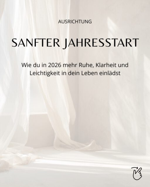 SANFT INS NEUE JAHR ✨
Manchmal brauchen wir gar nicht die großen Schritte, um Veränderung zu spüren – kleine, bewusste Impulse reichen oft schon aus.
✨Spüre deinen Körper und entdecke eine Stelle, die sich leicht anfühlt
✨ Überlege, in welchem Lebensbereich du diese Leichtigkeit einladen willst
✨ Frage dich: Wie kann ich dort für 1 % Entlastung sorgen?
#leichtigkeit #newyear #newyearresolution #routine #somatic