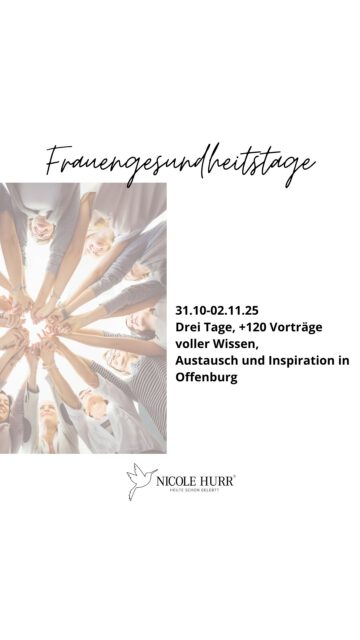 FRAUENGESUNDHEITSTAGE 31.10-02.11.25 🌿 
Erlebe drei Tage, über 120 Vorträge sowie interaktive Workshops – voller Wissen, Austausch und Inspiration- alles rund um die Gesundheit von Frauen in der Waldorfschule in Offenburg. @frauengesundheitstage 
Ich darf dieses Mal auch wieder mit dabei sein und einen Workshop am 01.11.25 von 10:30-11:20 Uhr zum Thema „Finde deine innere Ruhe“ halten. 
Wir tauchen gemeinsam in die Welt der Meditation ein und drücken gemeinsam auf die Pause-Tate. Eine sanfte Umarmung für dein Nervensystem. 
 Ich freue mich schon riesig auf die gemeinsame Zeit und den Austausch mit euch. 🫂
Teile es gerne und erzähls weiter! 
🔗Das gesamte Programm sowie die Tickets findest du direkt über die Internetseite der Frauengesundheitstage. 
Bist du auch dabei? ☺️
Von Frauen – für Frauen! #womanpower 
#event #woman #keynote #workshop #meditation #coaching #stressrelief #mentalhealth #womanhealth #womanempowerment #girlpower #frauengesundheit #empower #offenburg #ortenau
