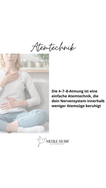 🫁 4-7-8 ATEMTECHNIK 

Die 4–7–8-Atmung ist eine einfache Atemtechnik, die dein Nervensystem innerhalb weniger Atemzüge beruhigt.

Durch das bewusste langsamer werden des Atems und das verlängerte Ausatmen wird der Parasympathikus aktiviert – also der Teil des Nervensystems, der für Ruhe, Regeneration und Sicherheit zuständig ist.

Was macht sie genau im Körper?

• beruhigt Herz & Kreislauf
• senkt Stresshormone wie Cortisol
• aktiviert den Vagusnerv
• löst innere Anspannung
• reduziert Grübelschleifen & Unruhe
• fördert Einschlafen & Entspannung

Sie wirkt wie ein kleiner Reset-Knopf für dein Nervensystem:

👉 raus aus dem Überlebensmodus
👉 rein in Ruhe, Sicherheit & Regulation

Probiere es doch gleich aus und atme dich frei. 

#atmung #breath #breathing #breathwork #tools #regulate #slowdown #nervoussystemreset #reset #wellbeing #anxiety #panic #stressrelief #vagusnerve