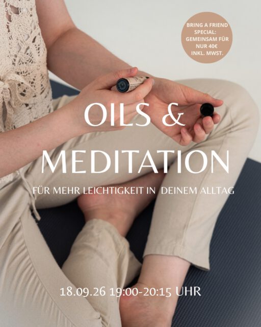 OILS x MEDITATION 18.09 🧘🏼‍♀️ - Für mehr Leichtigkeit in deinem Alltag 

3 Öle, 3 Stationen – ein Mini-Workshop. ✨

Wir zeigen dir, wie wunderbar ätherische Öle und Meditation zusammenpassen können – und wie du sie gezielt für die Themen Stress, Entspannung & Schlaf in deinen Alltag nutzen und integrieren kannst.

An drei Stationen lernst du drei ausgewählte Öle kennen, erfährst mehr über ihre Anwendung, kannst sie ausprobieren und direkt erleben, wie sie dich in Kombination mit Meditation bzw. einer Sinnesreise unterstützen können. 

🗓️ 18.09.26 
⏰ 19:00-20:15 Uhr 
📍 @studio_dreiraum 
✨ Pro Person: 22€ inkl. MwSt. 
📩 Anmeldung: hello@sophiawildt.de oder per DM

Special: Bring a friend & zahlt gemeinsam 40€ inkl. MwSt. 🫂

Dein Abend zum Spüren & Sein. 

Wir freuen uns auf dich! Sophia & Nicole 🤎

#oils #meditation #event #ätherischeöle #offenburg
